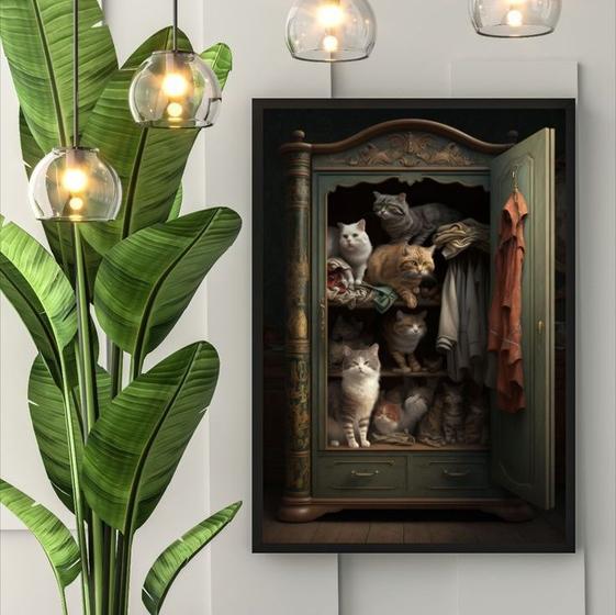 Imagem de Quadro Decorativo Vintage Gatos No Armário 33x24cm - com vidro