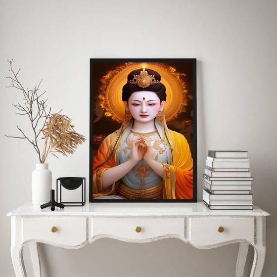 Imagem de Quadro deusa chinesa kuan yin 45x34cm - vidro, madeira preta