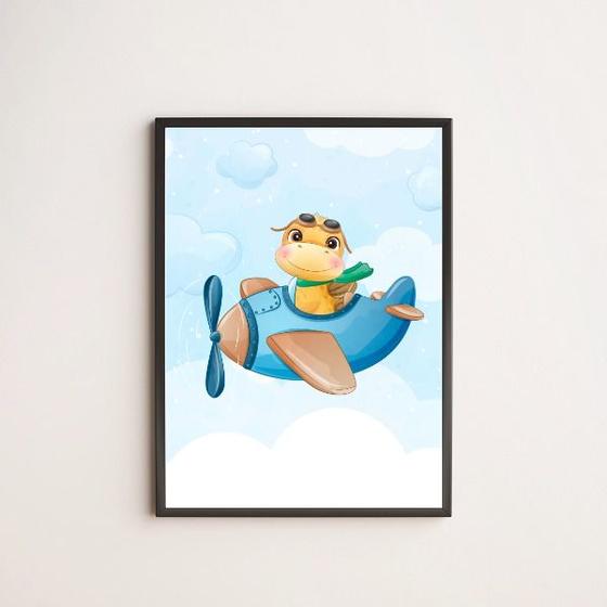Imagem de Quadro Dinossaurinho fofo Avião 24x18cm - com vidro