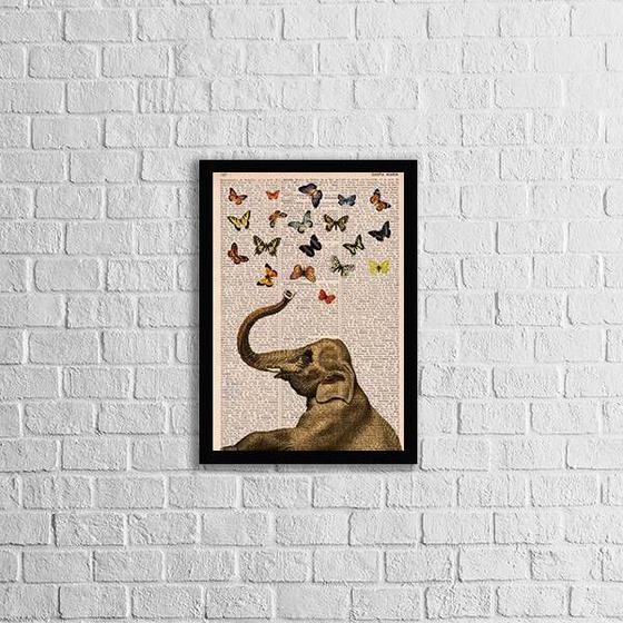 Imagem de Quadro Elefante com Borboletas 33x24cm - com vidro