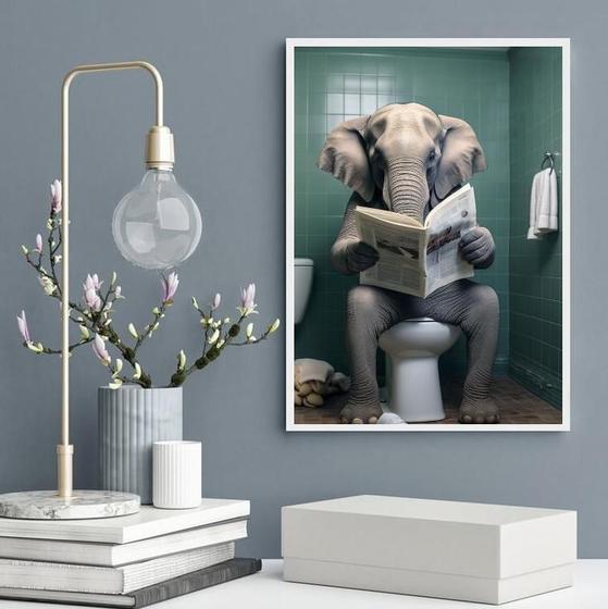 Imagem de Quadro Elefante No Banheiro Lendo Jornal 45X34Cm - Com Vidro