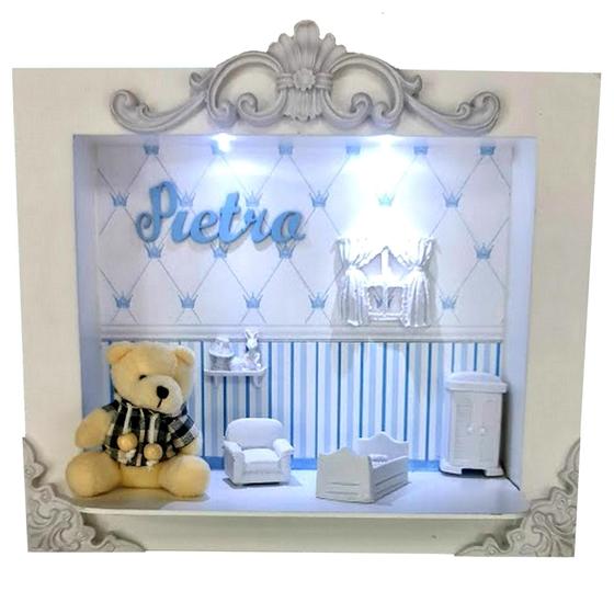 Imagem de Quadro Enfeite De Porta Maternidade Cenário Led - Branco e Azul bb Menino