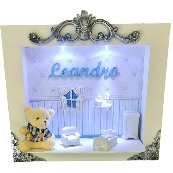 Imagem de Quadro Enfeite Porta Maternidade Cenário Led - Branco com Azul BB e prata
