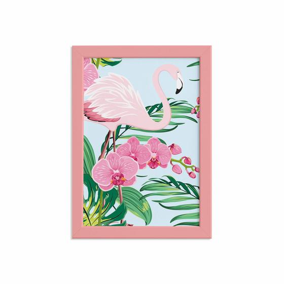 Imagem de Quadro Flamingo Flores Moldura Rosa 22x32cm