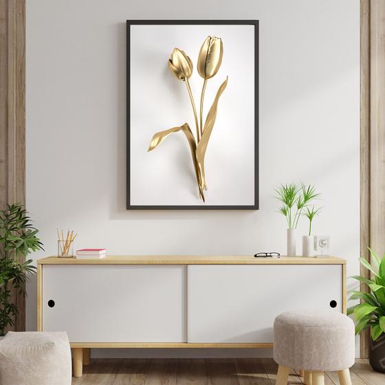 Imagem de Quadro Flor Tulipa Dourada Sala escritório hall de entrada Uno com Moldura