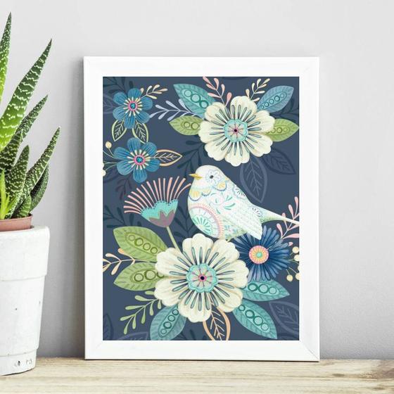 Imagem de Quadro Floral Azul Com Passarinho 24x18cm - com vidro