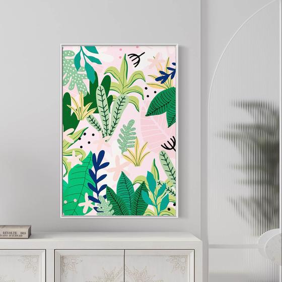 Imagem de Quadro Folhas e Flores Botânica Art Boho Verde e Rosa - Moldura Caixa + Foam + Vidro em Vários Tamanhos - Artfine