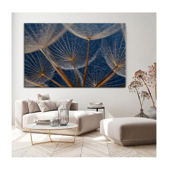 Imagem de Quadro Folhas e Flores Dente de Leão em Fundo Azul c/ Moldura Prata