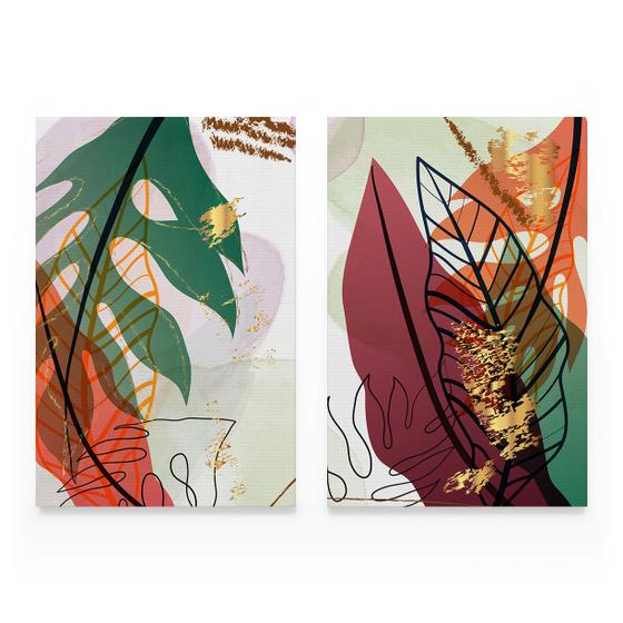 Imagem de Quadro Folhas Tropical Leaves Moderno Colorido Conjunto 2 Telas Grande Canvas Sala Quarto Escritório - Bimper