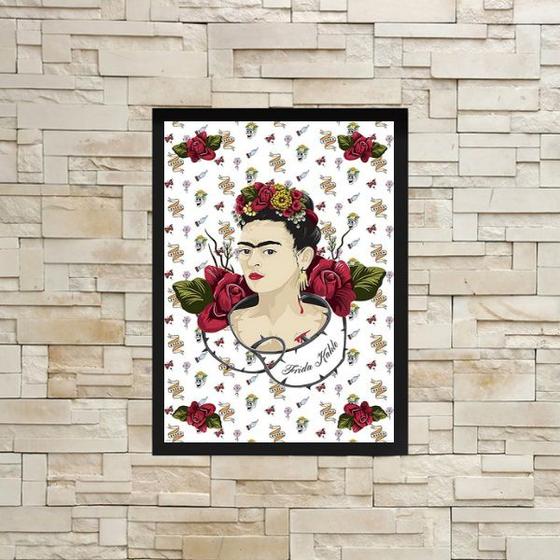 Imagem de Quadro Frida Fundo Rosas Vermelhas 33x24cm - com vidro