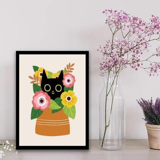 Imagem de Quadro Gatinho Com Vaso De Flores 33X24Cm Moldura Preta