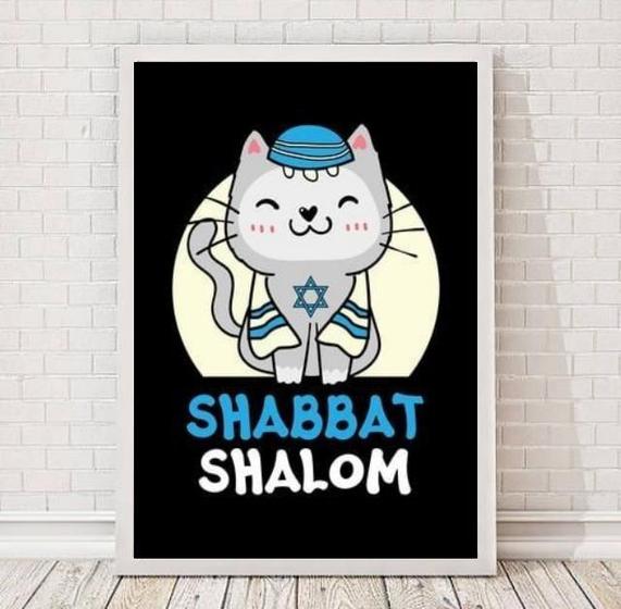 Imagem de Quadro Gatinho Shabbat Shalom 24x18cm - Madeira Branca