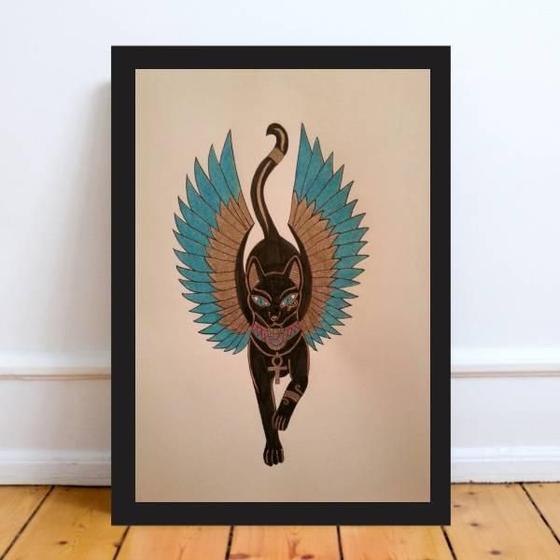 Imagem de Quadro Gato Egípcio Bastet 33X24 - Com Vidro Moldura Branca