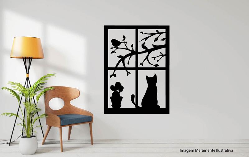 Imagem de Quadro Gato Na Janela 41x29 Decorativo Vazado Quarto MDF 3mm