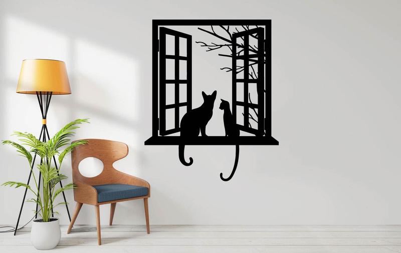 Imagem de Quadro Gatos Sentando Janela 29x19 Decorativo Vazado