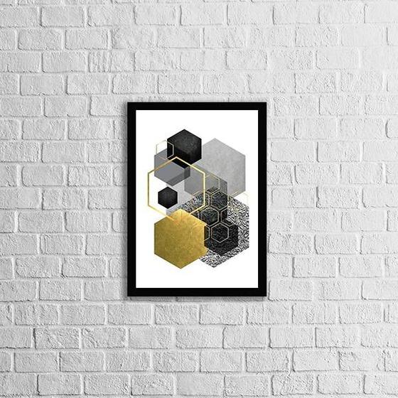 Imagem de Quadro Geométrico Hexágonos Cinza e Preto 24x18cm - com vidro