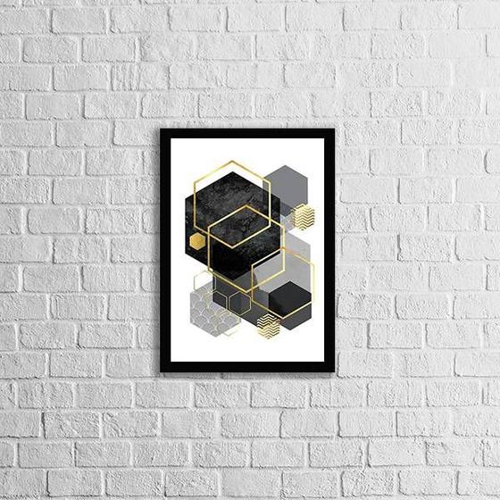 Imagem de Quadro Geométrico Hexágonos Preto e Cinza 33x24cm - com vidro