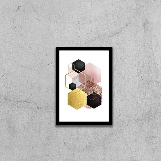 Imagem de Quadro Geométrico Hexágonos Preto e Dourado 24x18cm - com vidro