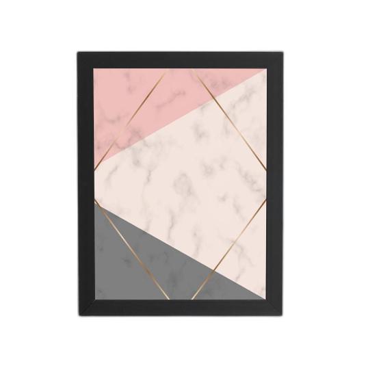 Imagem de Quadro Geométrico Rosa Cinza Dourado Moldura Preta 60X40Cm