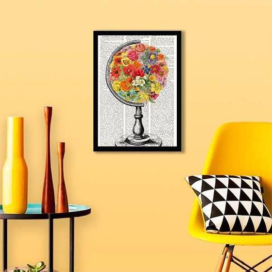 Imagem de Quadro Globo Flores 33X24Cm - Com Vidro - Madeira Preta