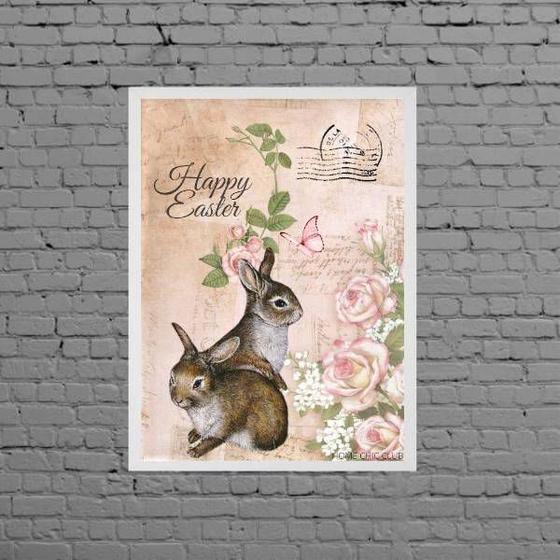 Imagem de Quadro Happy Easter Coelhinhos Retrô 33x24cm