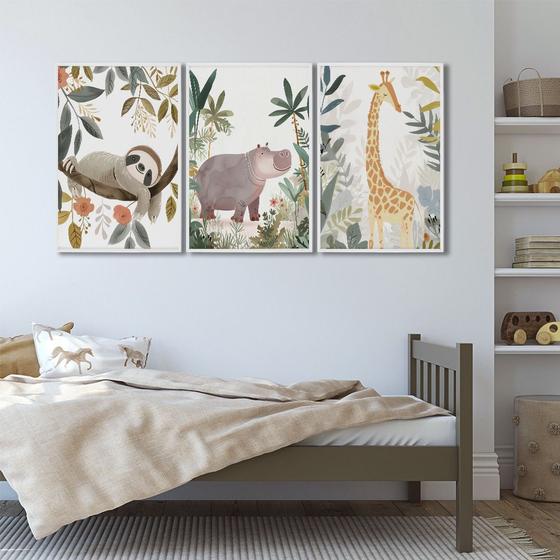 Imagem de Quadro Infantil Decorativo Diversão na Selva com 3 Telas de Parede para Quarto Sala Brinquedoteca