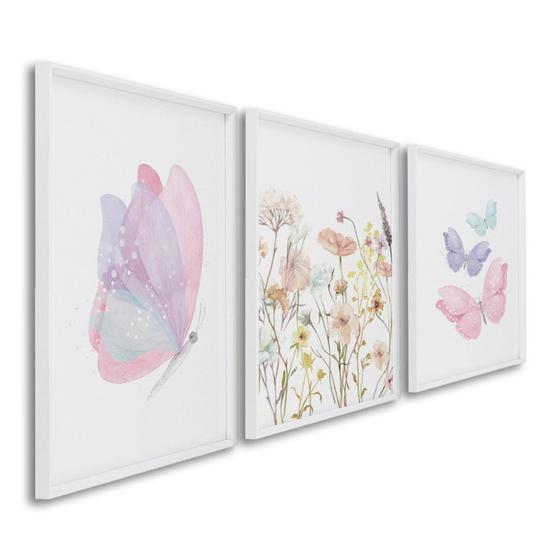 Imagem de Quadro Infantil Decorativo Flores e Borboletas com 3 Telas Cm de Parede para Quarto Sala Brinquedote Branco