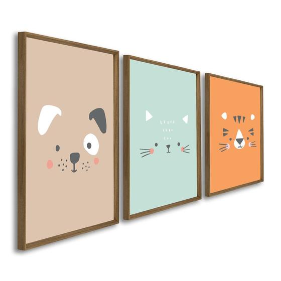 Imagem de Quadro Infantil Decorativo Rostinhos do Bem Gato Cachorro Tigre com 3 Telas 50x75cm de Parede para Quarto Sala Brinquedoteca