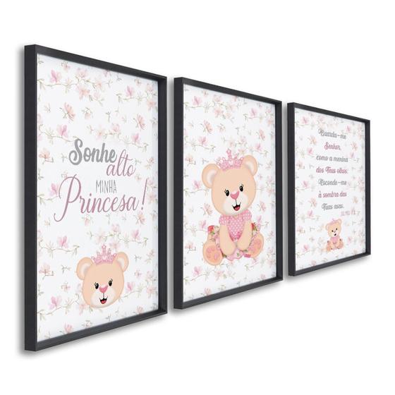 Imagem de Quadro Infantil Decorativo Sonhe Alto Princesa com 3 Telas de Parede para Quarto Sala Brinquedoteca Preto