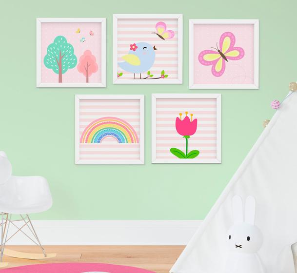 Quadro Infantil Menina Jardim Flores Passarinho Arco-íris Kit 5 Peças Menor preço em Quadro Infantil Menina Jardim Flores Passarinho Arco-íris Kit 5 Peças