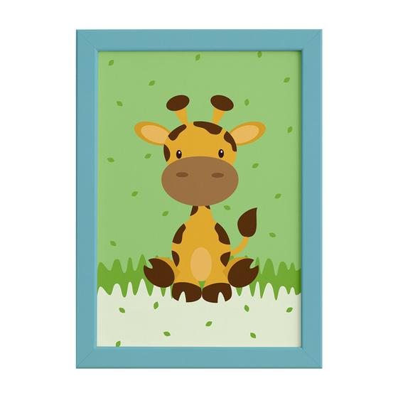 Imagem de Quadro Infantil Safari Girafa para Quarto Moldura Azul 22x32