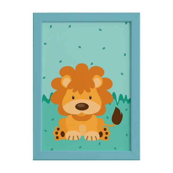 Imagem de Quadro Infantil Safari Leão para Quarto Moldura Azul 22x32