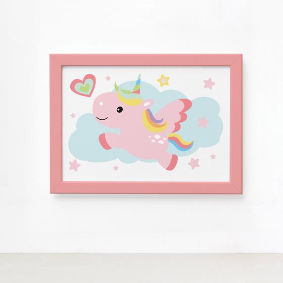 Imagem de Quadro Infantil Unicornio Nuvem 22x32 Moldura Rosa