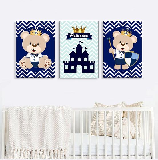 Imagem de Quadro infantil Urso Príncipe Azul Marinho Kit 3 20x30cm Decorativo Poster Painel Quarto Criança Lindo Para Decorar