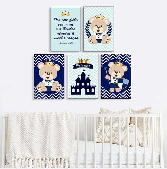 Imagem de Quadro infantil Urso Príncipe Azul Marinho Kit 5 20x30cm Decorativo Poster Painel Quarto Criança Lindo Para Decorar