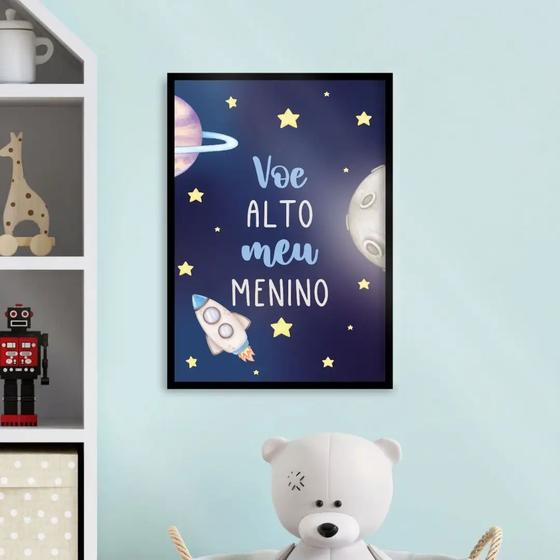 Imagem de Quadro Infantil Voe Alto Foguete Espaço 24x18cm - com vidro