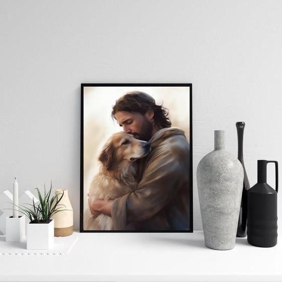 Imagem de Quadro Jesus Abraçando Cão Golden Retriever 33X24Cm - Vidro