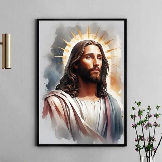 Imagem de Quadro Jesus Aquarela Cinza e Dourado 45x34cm - com vidro