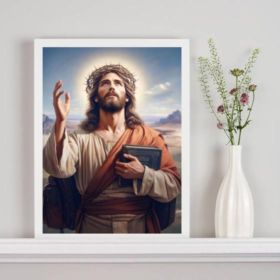 Imagem de Quadro Jesus Com Bíblia Sagrada 33x24cm - com vidro