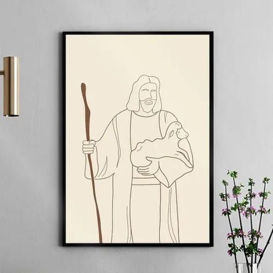 Imagem de Quadro Jesus Com Cajado - One Line 45x34cm - com vidro
