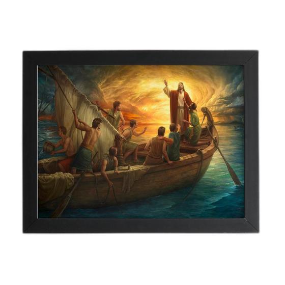 Imagem de Quadro Jesus Cristo Barco Religioso Moldura Preta 60X40Cm