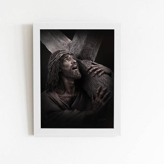 Imagem de Quadro Jesus Cristo Carregando A Cruz Moldura Branca 60X40Cm