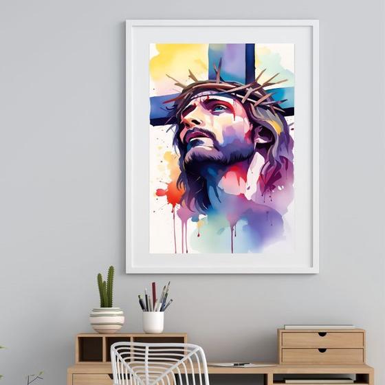 Imagem de Quadro Jesus Cruz Aquarela- 60x48cm