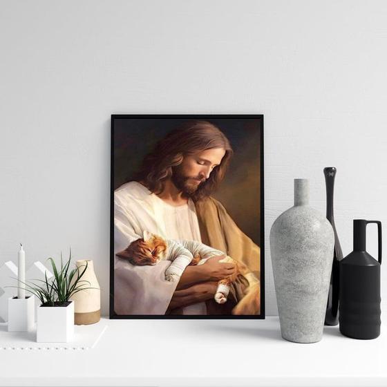 Imagem de Quadro Jesus Cuidando De Gatinho 33x24cm - com vidro