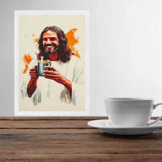 Imagem de Quadro Jesus Tomando Café - Aquarela 33x24cm - com vidro