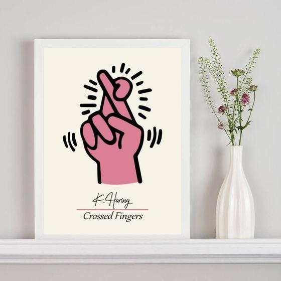 Imagem de Quadro Keith Haring Crossed Fingers - Rosa 24X18Cm - Vidro