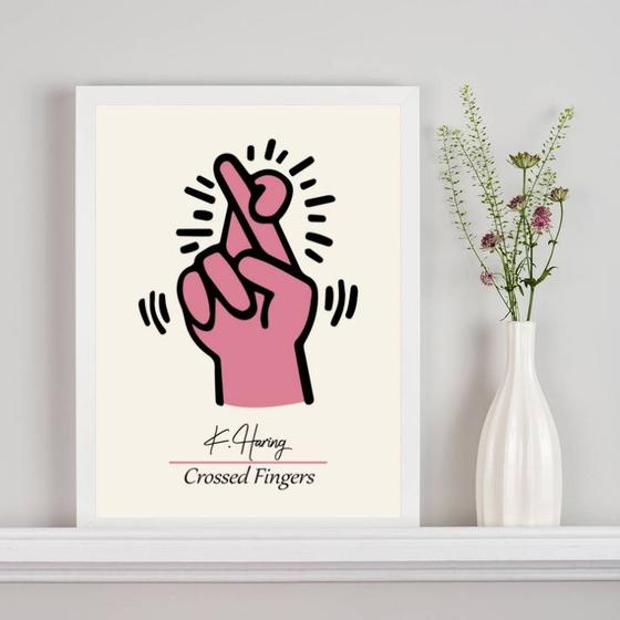 Imagem de Quadro Keith Haring Crossed Fingers - Rosa 33x24cm