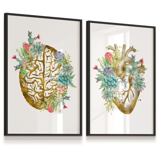 Imagem de Quadro Kit 2 Vidro Coração Cérebro Flores Psicologia 43x63 cada