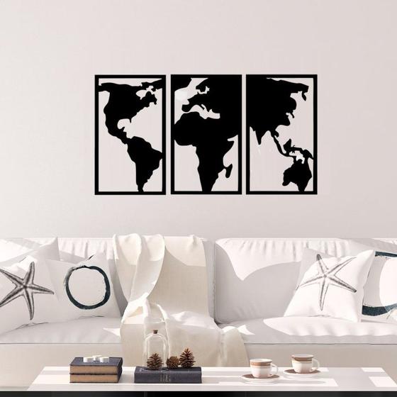 Imagem de Quadro kit 3 mundo painel trio mapa mundi continentes decorativo ambiente trabalho home office viagem sala quarto mdf pr