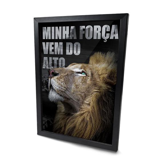 Imagem de Quadro Leão Motivacional Força Da Fé Moldura e Vidro